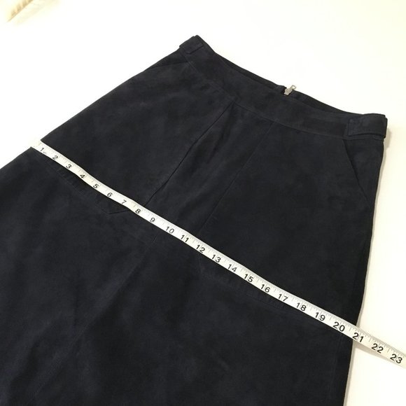 Warehouse-Leather Navy Blue Suede A Line Skirt Below Knee Size 6 - Picture 8 of 11
